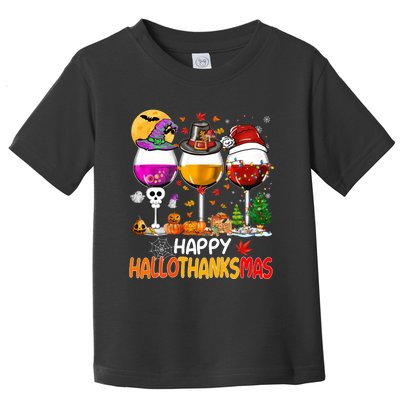 Happy Hallothanksmas Wine Glasses Witch Santa Hat Pumpkin Toddler T-Shirt