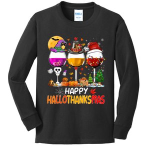 Happy Hallothanksmas Wine Glasses Witch Santa Hat Pumpkin Kids Long Sleeve Shirt