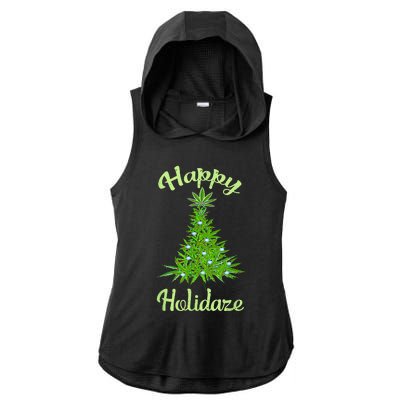 Happy Holidaze Weed & Marijuana Leaf Cannabis Christmas Tree Ladies PosiCharge Tri-Blend Wicking Draft Hoodie Tank