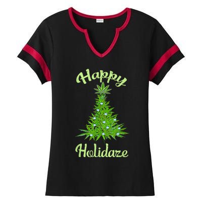 Happy Holidaze Weed & Marijuana Leaf Cannabis Christmas Tree Ladies Halftime Notch Neck Tee