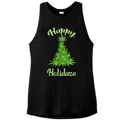 Happy Holidaze Weed & Marijuana Leaf Cannabis Christmas Tree Ladies PosiCharge Tri-Blend Wicking Tank