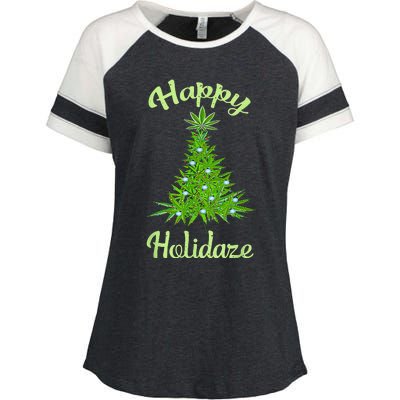 Happy Holidaze Weed & Marijuana Leaf Cannabis Christmas Tree Enza Ladies Jersey Colorblock Tee