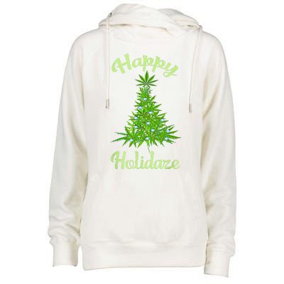 Happy Holidaze Weed & Marijuana Leaf Cannabis Christmas Tree Womens Funnel Neck Pullover Hood