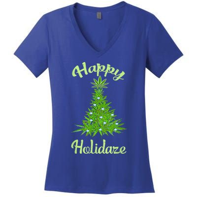 Happy Holidaze Weed & Marijuana Leaf Cannabis Christmas Tree Women's V-Neck T-Shirt