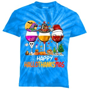 Happy Hallothanksmas Wine Glasses Witch Santa Hat Pumpkin Gift Kids Tie-Dye T-Shirt