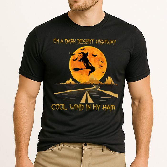 Happy Halloween Witch Riding Brooms On A Dark Desert Highway Performance Shirt