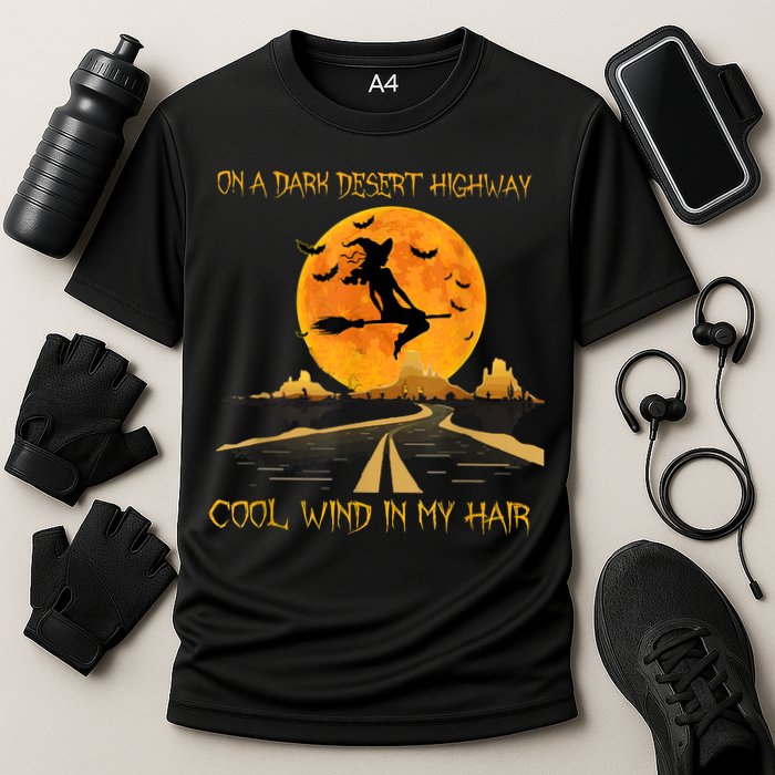 Happy Halloween Witch Riding Brooms On A Dark Desert Highway Performance Shirt