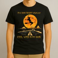 Happy Halloween Witch Riding Brooms On A Dark Desert Highway T-Shirt