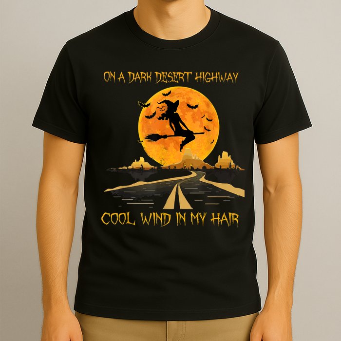 Happy Halloween Witch Riding Brooms On A Dark Desert Highway T-Shirt