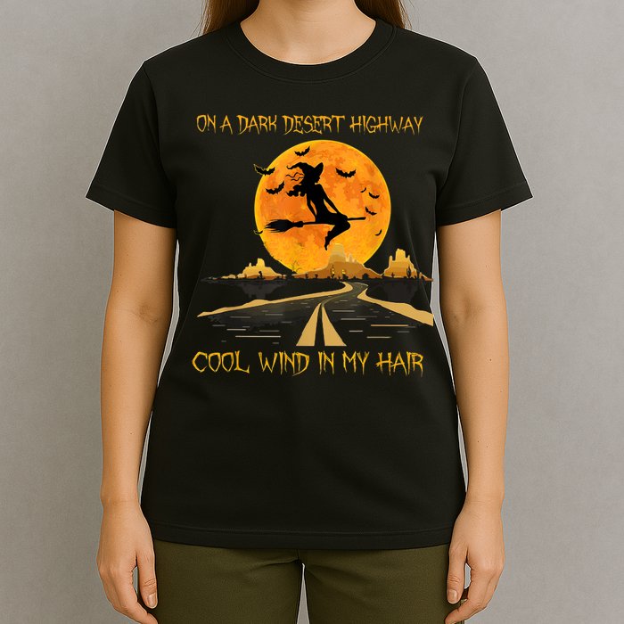 Happy Halloween Witch Riding Brooms On A Dark Desert Highway T-Shirt