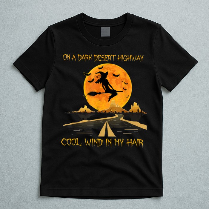 Happy Halloween Witch Riding Brooms On A Dark Desert Highway T-Shirt