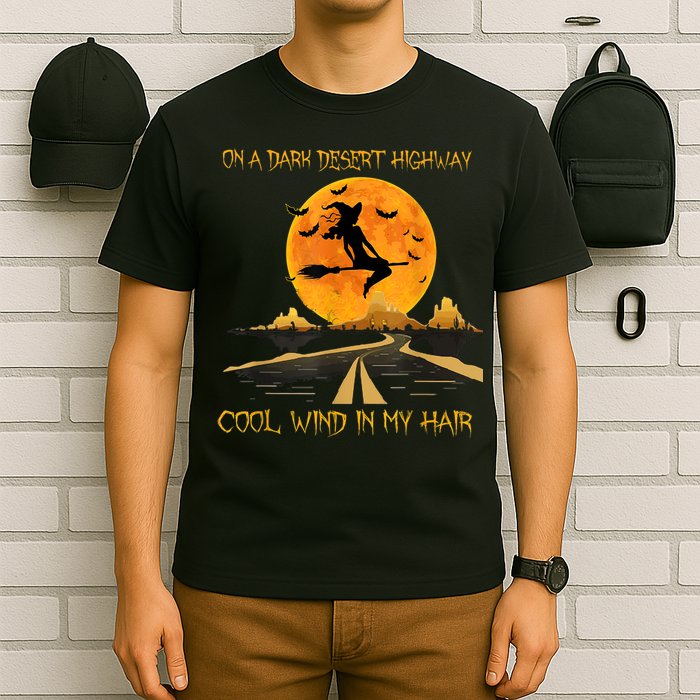 Happy Halloween Witch Riding Brooms On A Dark Desert Highway T-Shirt