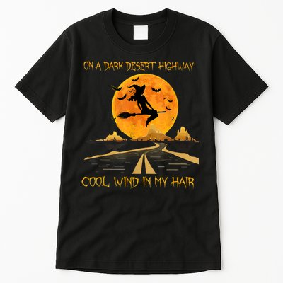 Happy Halloween Witch Riding Brooms On A Dark Desert Highway Tall T-Shirt