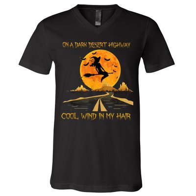 Happy Halloween Witch Riding Brooms On A Dark Desert Highway V-Neck T-Shirt