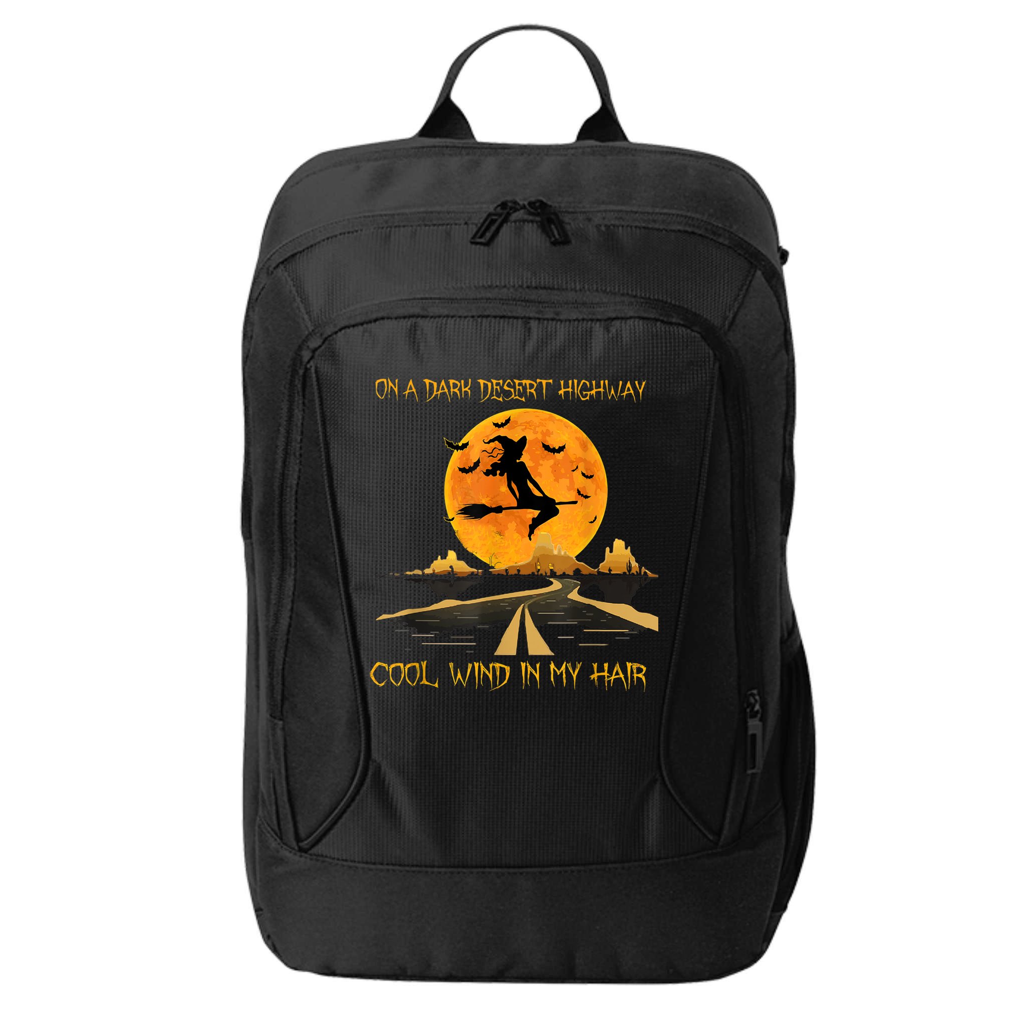 Happy Halloween Witch Riding Brooms On A Dark Desert Highway City Backpack