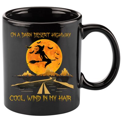 Happy Halloween Witch Riding Brooms On A Dark Desert Highway 11oz C Handle Ceramic Mug