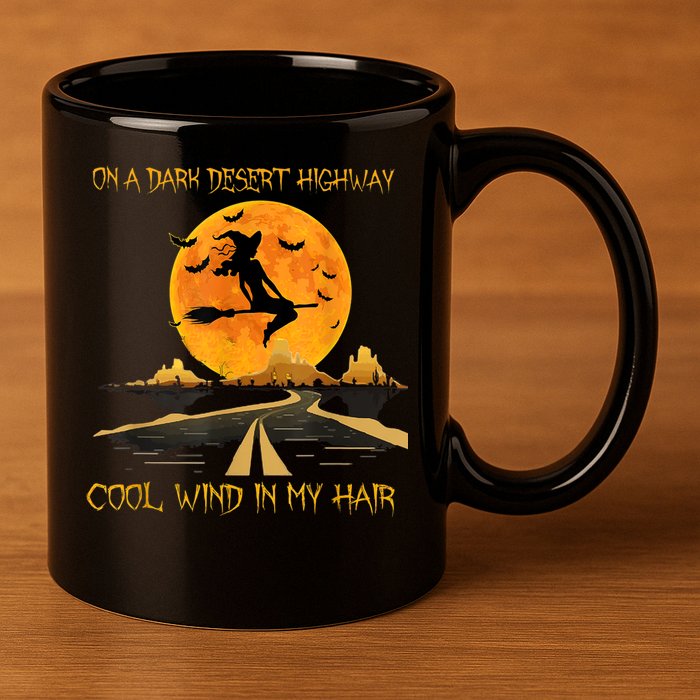 Happy Halloween Witch Riding Brooms On A Dark Desert Highway 11oz C Handle Ceramic Mug