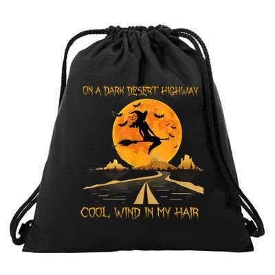 Happy Halloween Witch Riding Brooms On A Dark Desert Highway Drawstring Bag