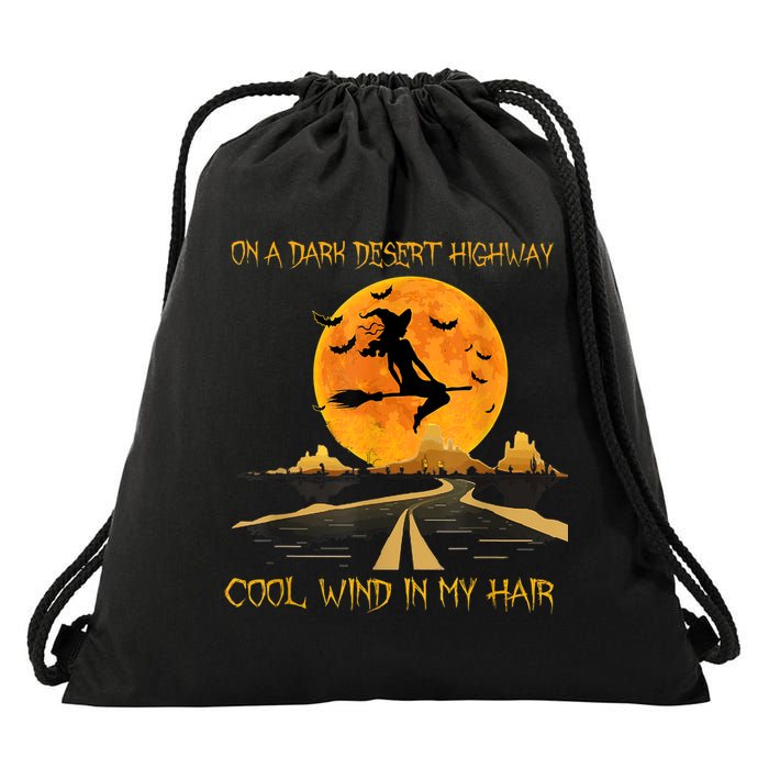 Happy Halloween Witch Riding Brooms On A Dark Desert Highway Drawstring Bag