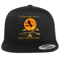 Happy Halloween Witch Riding Brooms On A Dark Desert Highway Flat Bill Trucker Hat