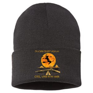 Happy Halloween Witch Riding Brooms On A Dark Desert Highway Sustainable Knit Beanie