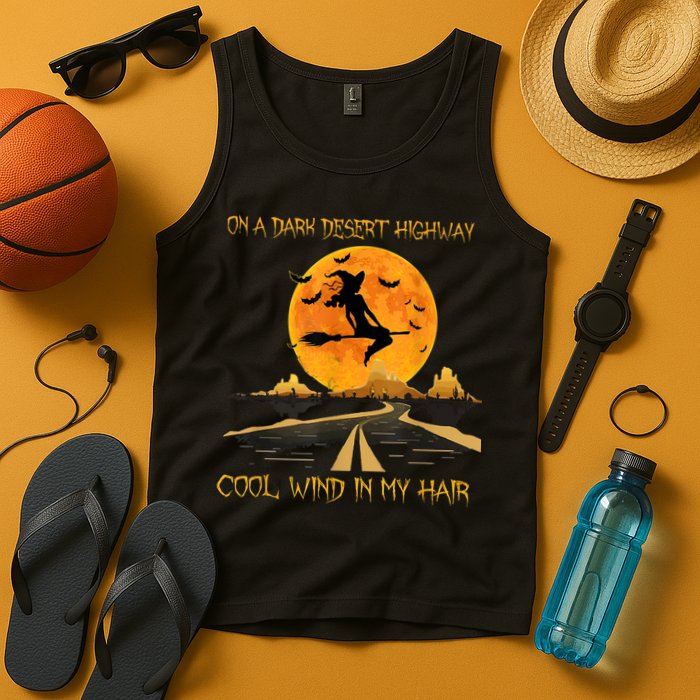 Happy Halloween Witch Riding Brooms On A Dark Desert Highway Tank Top
