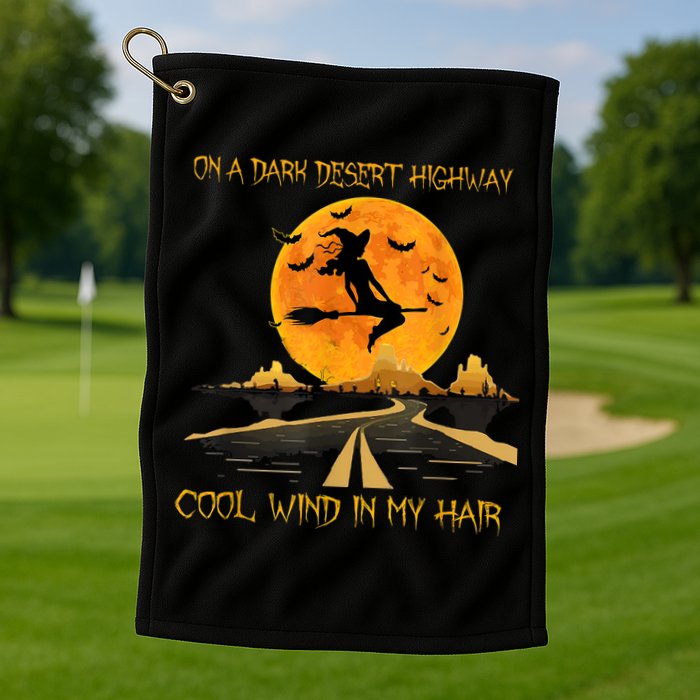 Happy Halloween Witch Riding Brooms On A Dark Desert Highway Golf Towel
