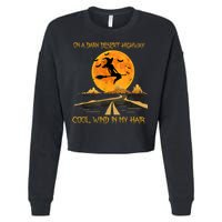 Happy Halloween Witch Riding Brooms On A Dark Desert Highway Cropped Pullover Crew