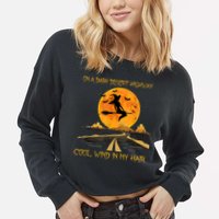 Happy Halloween Witch Riding Brooms On A Dark Desert Highway Cropped Pullover Crew