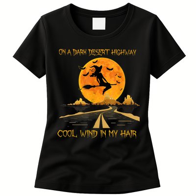 Happy Halloween Witch Riding Brooms On A Dark Desert Highway Womens T-Shirt