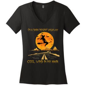 Happy Halloween Witch Riding Brooms On A Dark Desert Highway Women's V-Neck T-Shirt