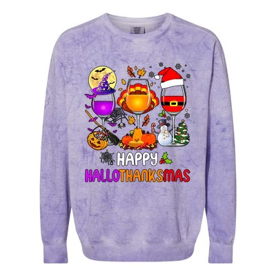 Happy Hallothanksmas Wine Halloween Thanksgiving Christmas Colorblast Crewneck Sweatshirt