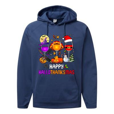 Happy Hallothanksmas Wine Halloween Thanksgiving Christmas Performance Fleece Hoodie