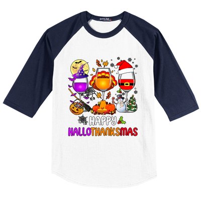 Happy Hallothanksmas Wine Halloween Thanksgiving Christmas Baseball Sleeve Shirt