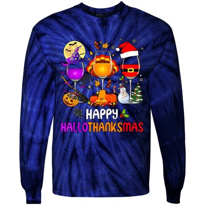 Happy Hallothanksmas Wine Halloween Thanksgiving Christmas Tie-Dye Long Sleeve Shirt