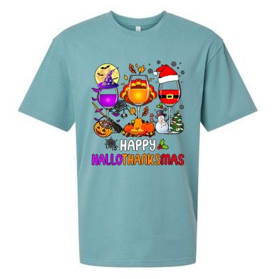 Happy Hallothanksmas Wine Halloween Thanksgiving Christmas Sueded Cloud Jersey T-Shirt