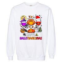 Happy Hallothanksmas Wine Halloween Thanksgiving Christmas Garment-Dyed Sweatshirt