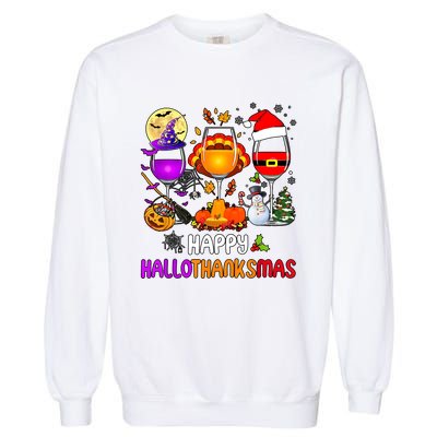 Happy Hallothanksmas Wine Halloween Thanksgiving Christmas Garment-Dyed Sweatshirt