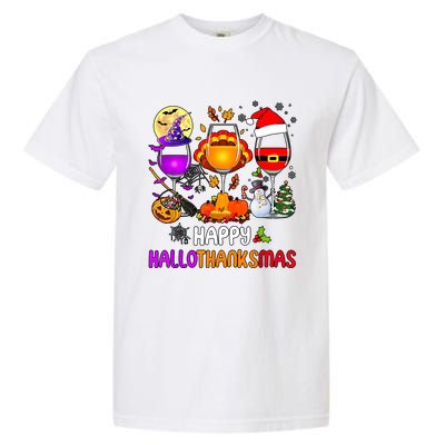 Happy Hallothanksmas Wine Halloween Thanksgiving Christmas Garment-Dyed Heavyweight T-Shirt