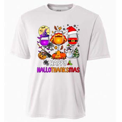 Happy Hallothanksmas Wine Halloween Thanksgiving Christmas Cooling Performance Crew T-Shirt