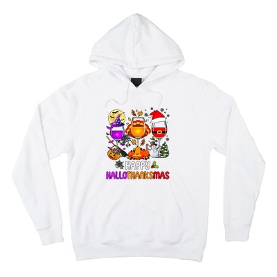 Happy Hallothanksmas Wine Halloween Thanksgiving Christmas Hoodie