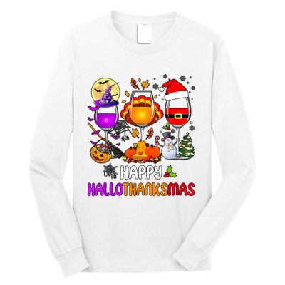 Happy Hallothanksmas Wine Halloween Thanksgiving Christmas Long Sleeve Shirt