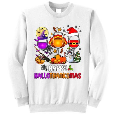 Happy Hallothanksmas Wine Halloween Thanksgiving Christmas Sweatshirt