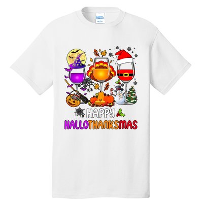 Happy Hallothanksmas Wine Halloween Thanksgiving Christmas Tall T-Shirt