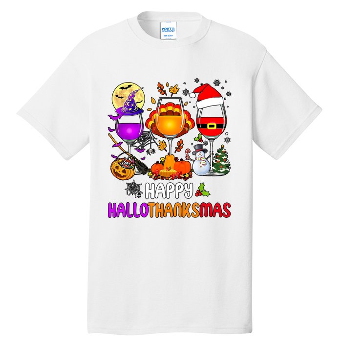 Happy Hallothanksmas Wine Halloween Thanksgiving Christmas Tall T-Shirt