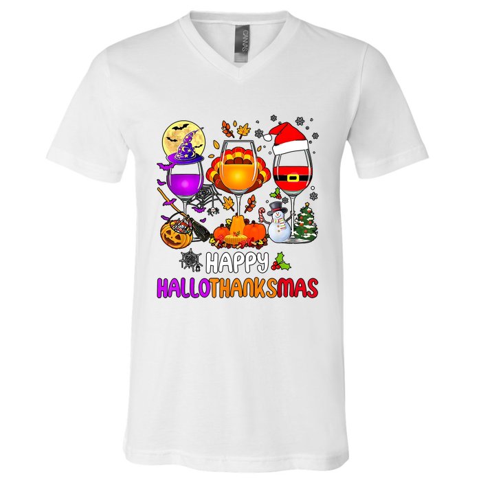 Happy Hallothanksmas Wine Halloween Thanksgiving Christmas V-Neck T-Shirt