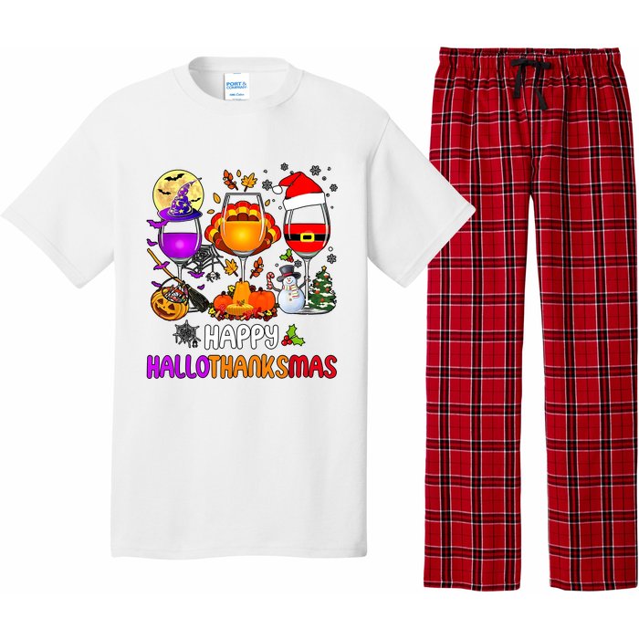 Happy Hallothanksmas Wine Halloween Thanksgiving Christmas Pajama Set