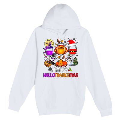 Happy Hallothanksmas Wine Halloween Thanksgiving Christmas Premium Pullover Hoodie