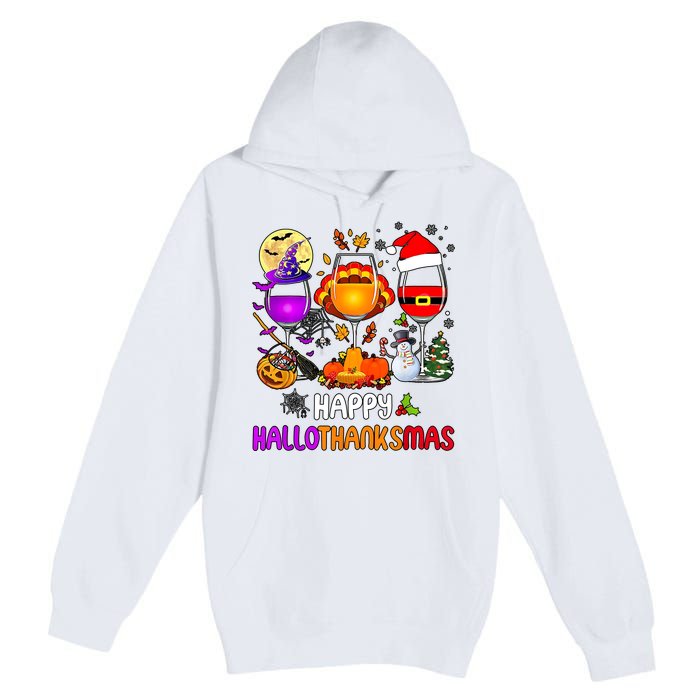 Happy Hallothanksmas Wine Halloween Thanksgiving Christmas Premium Pullover Hoodie