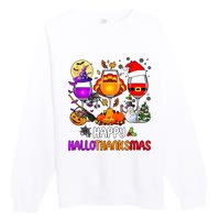 Happy Hallothanksmas Wine Halloween Thanksgiving Christmas Premium Crewneck Sweatshirt